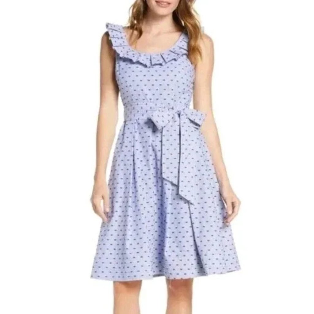 Nwt Nordstrom 1901 Blue Clipdot Stripe Pleat Collar Cotton Linen Tie Waist Sz 8